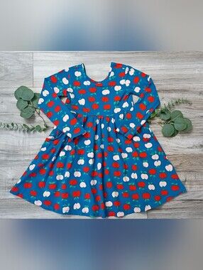 Hanna Andersson Blue Apple-Print Long-Sleeve Cotton Dress